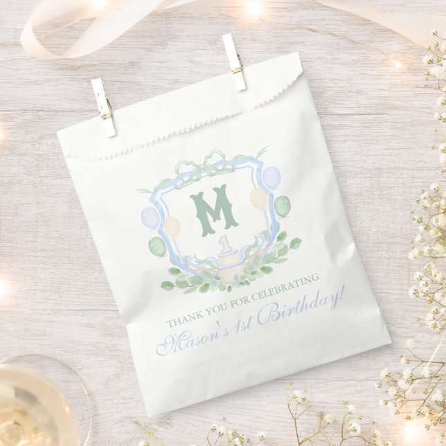 Watercolor Blue 1st Birthday Monogram Crest Gift Favour Bag (Clipped)