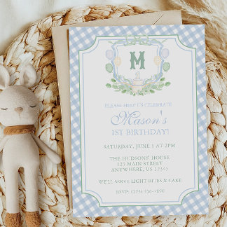Watercolor Blue 1st Birthday Monogram Crest Party Invitation