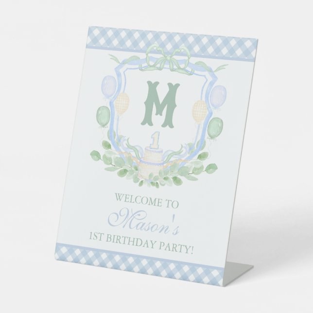 Watercolor Blue 1st Birthday Monogram Crest Party Pedestal Sign (Front)