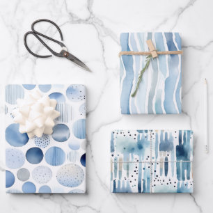 Watercolor Blue Abstract Stripe Circles Wrapping Paper Sheet
