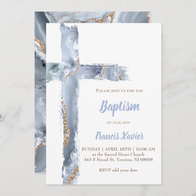 watercolor blue agate cross Baptism Invitation (Front/Back)