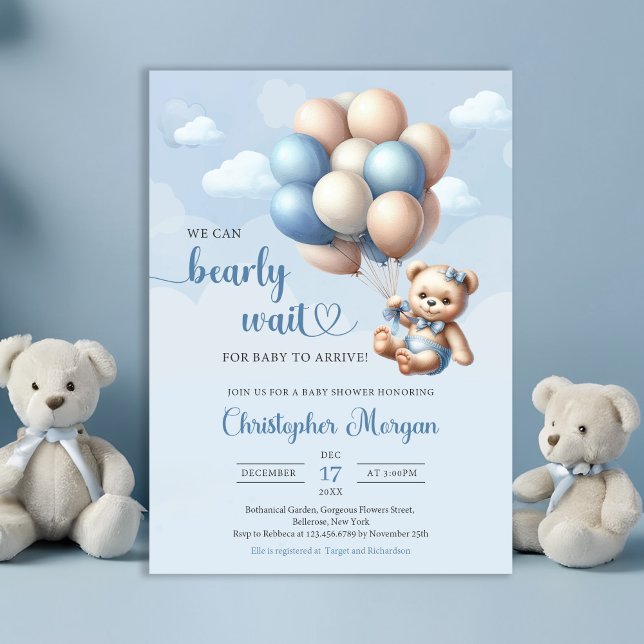 Watercolor blue and brown teddy bear with balloons invitation (We can bearly wait - boy baby shower invitation teddy bear blue and brown balloons)