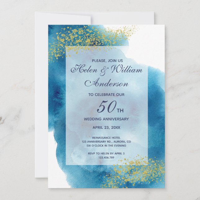 Watercolor Blue and Gold 50th Wedding Anniversary Invitation (Front)