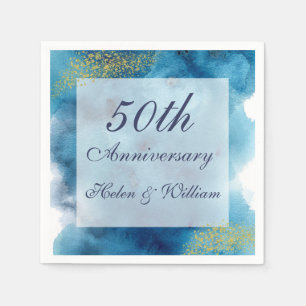Watercolor Blue and Gold 50th Wedding Anniversary Napkin