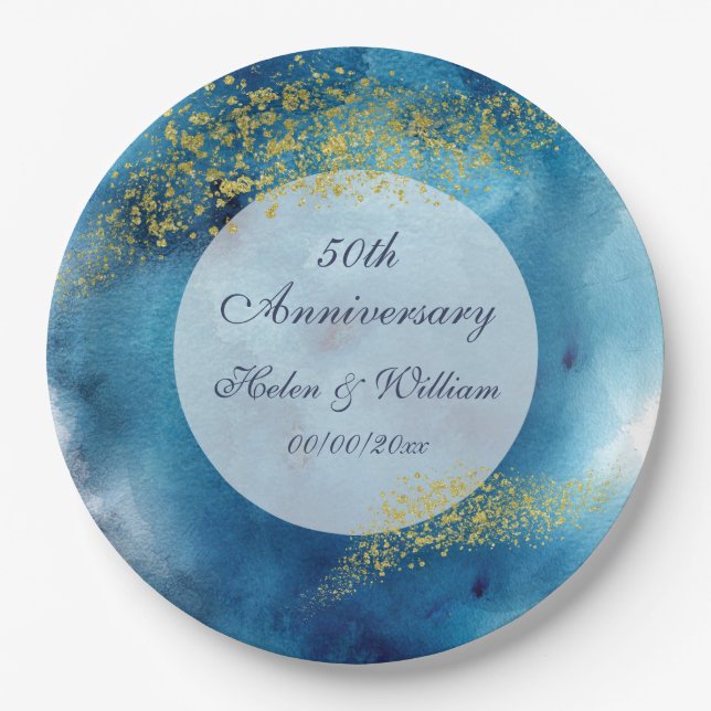Watercolor Blue and Gold 50th Wedding Anniversary Paper Plate (Front)