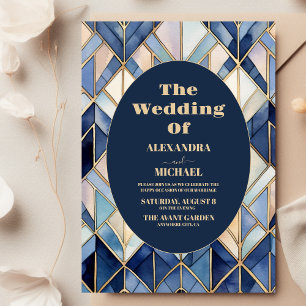 Watercolor Blue and Gold Art Deco Wedding  Invitation