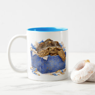 Watercolor Blue and Gold Birthday Gift Turtle Two-Tone Coffee Mug