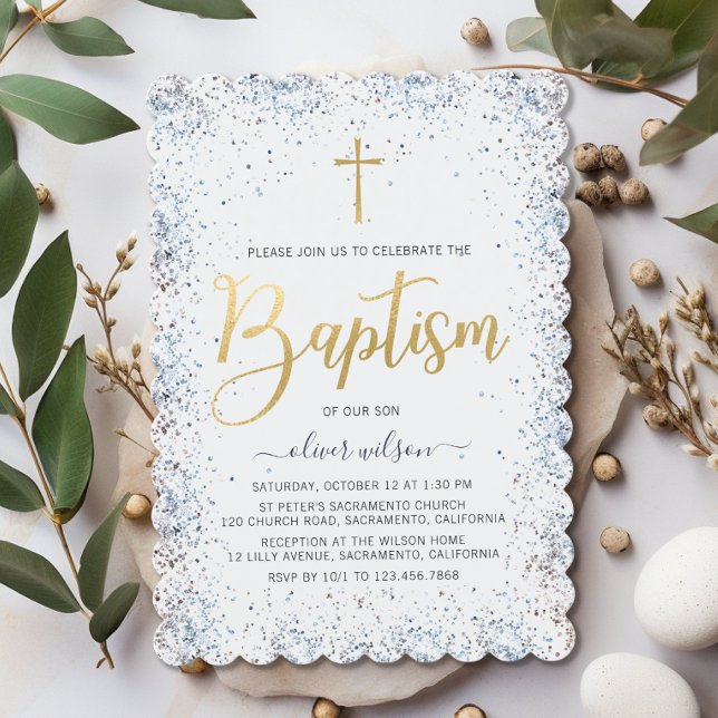 Watercolor Blue And Gold Boy Baptism Invitation (Creator Uploaded)