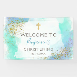 Watercolor Blue And Gold Christening Welcome  Banner
