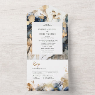 Watercolor Blue and Gold Floral Wedding  All In One Invitation