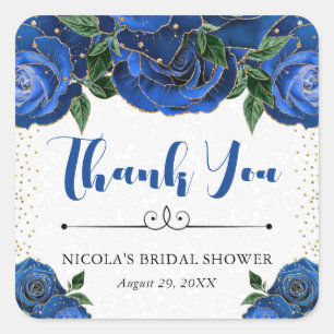 Watercolor Blue and Gold Glam Roses Bridal Shower Square Sticker