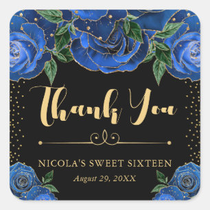 Watercolor Blue and Gold Glam Roses Sweet 16 Square Sticker