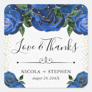 Watercolor Blue and Gold Glam Roses Wedding Square Sticker