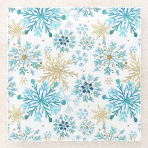 Watercolor Blue and Gold Glitter Winter Snowflake Glass Coaster