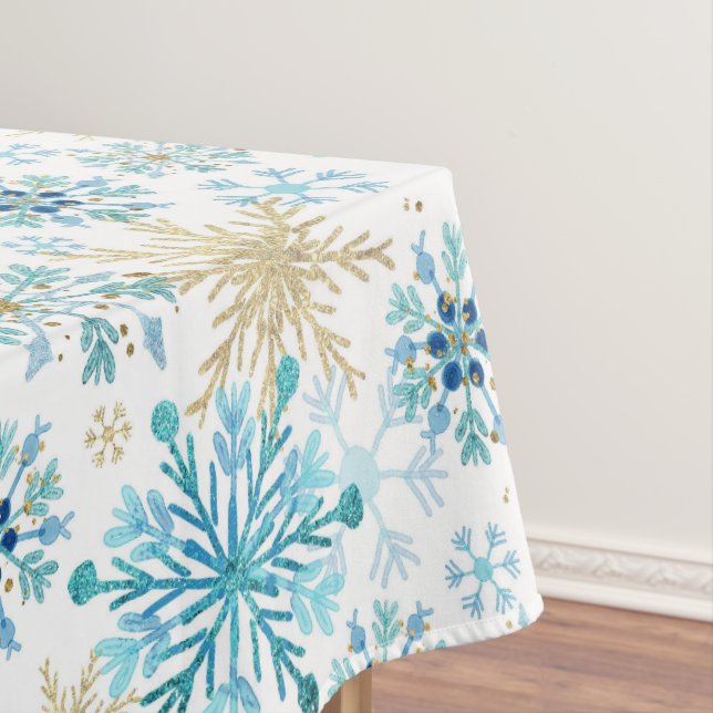 Watercolor Blue and Gold Glitter Winter Snowflakes Tablecloth (In Situ)