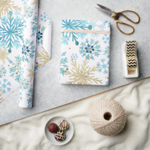 Watercolor Blue and Gold Glitter Winter Snowflakes Wrapping Paper