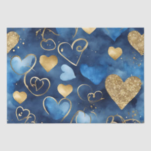 Watercolor Blue and Gold Ink Valentines Hearts Tissue Paper