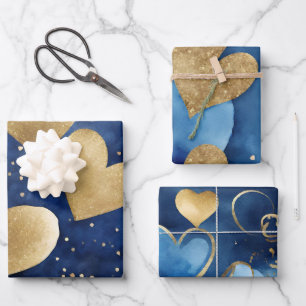 Watercolor Blue and Gold Ink Valentines Hearts Wrapping Paper Sheet