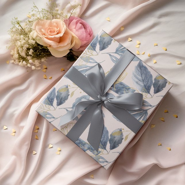 Watercolor Blue and Gold Single Leaves  Wrapping Paper (Creator Uploaded)