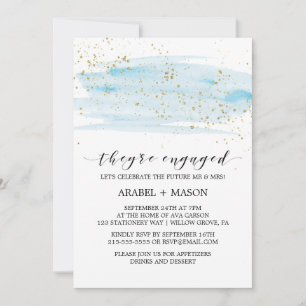 Watercolor Blue and Gold Sparkle Engagement Party Invitation