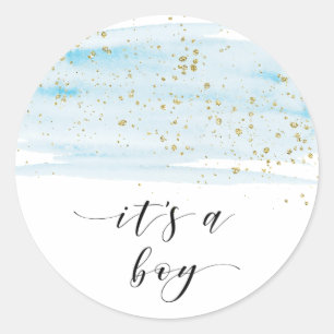 Watercolor Blue and Gold Sparkle It's A Boy Favour Classic Round Sticker