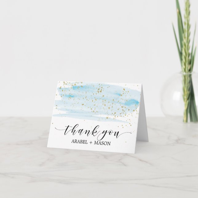 Watercolor Blue and Gold Sparkle Thank You Card (Front)