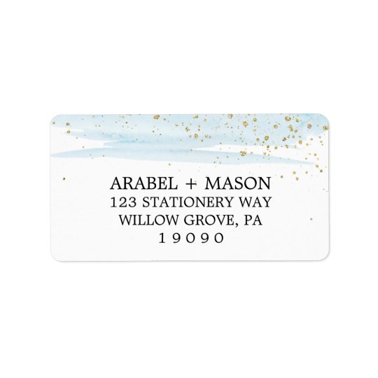 Watercolor Blue and Gold Sparkle Wedding Address Label