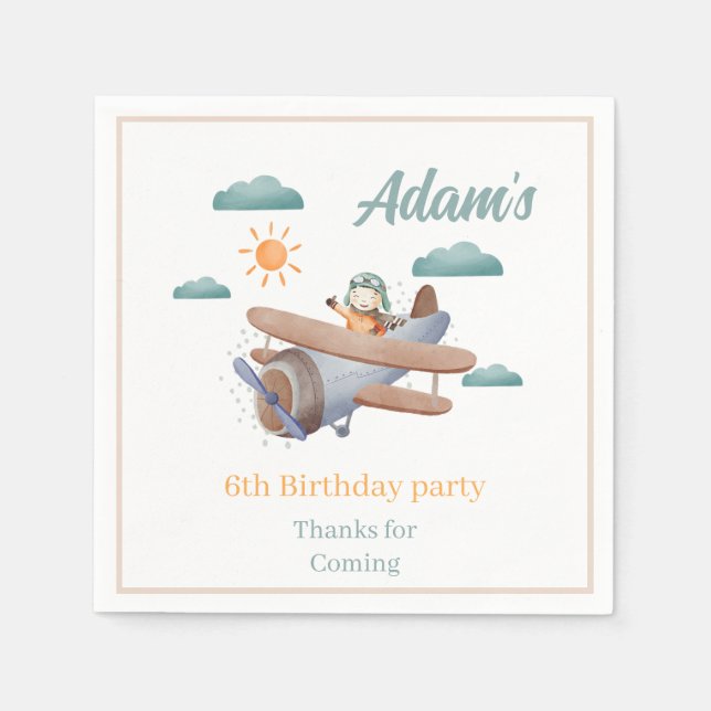 Watercolor blue and Green Aeroplane Birthday Party Napkin (Front)