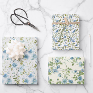Watercolor Blue and Green Flowers on White Wrapping Paper Sheet