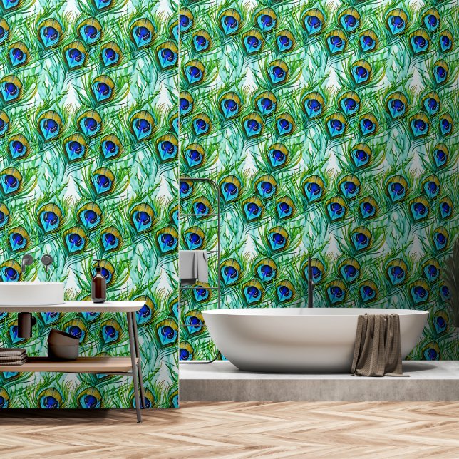 Watercolor Blue and Green Peacock Feathers Collage Wallpaper (Bathroom)