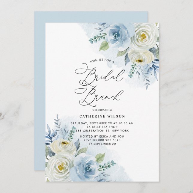 Watercolor Blue and Ivory Roses Bridal Brunch Invitation (Front/Back)