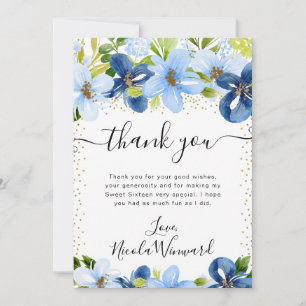 Watercolor Blue and Navy Flowers Sweet 16 Thank You Card