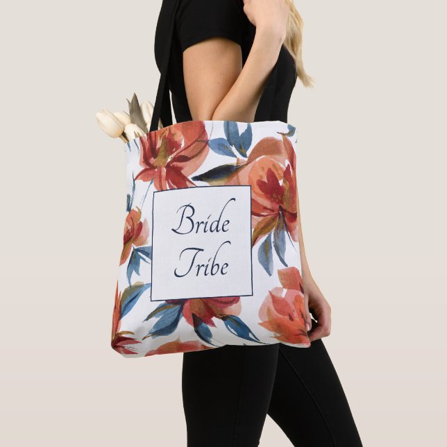 Watercolor Blue and Orange Roses Bridesmaid Tote Bag (Close Up)