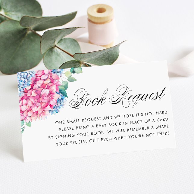 Watercolor Blue and Pink Hydrangeas Book Request Enclosure Card (Customizable Book Request Card with Watercolor Hydrangeas and Eucalyptus)