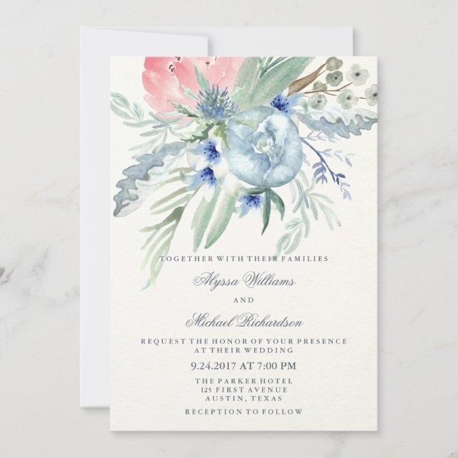 Watercolor Blue and Pink Peonies Wedding Invitation (Front)
