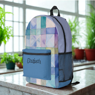 Watercolor Blue and Purple Plaid Printed Backpack