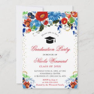 Watercolor Blue and Red Flowers Graduation Invitation