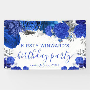 Watercolor Blue and Silver Flowers Birthday Banner