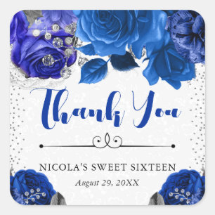 Watercolor Blue and Silver Flowers Sweet 16 Square Sticker