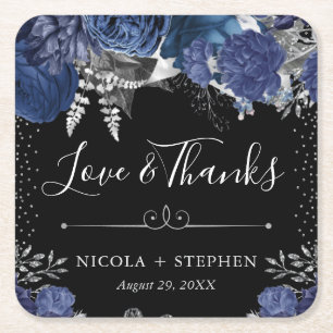 Watercolor Blue and Silver Flowers Wedding Square Paper Coaster