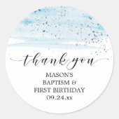 Watercolor Blue and Silver Thank You Party Favour Classic Round Sticker (Front)