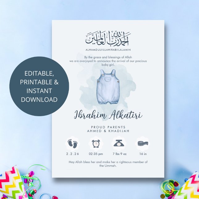 Watercolor Blue and Tan Islamic Baby Boy Birth Announcement (Creator Uploaded)