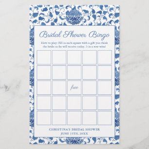 Watercolor Blue And White Bridal Shower Bingo Game