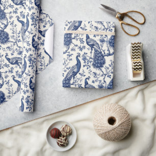 Watercolor blue and white China peacock chinoserie Wrapping Paper