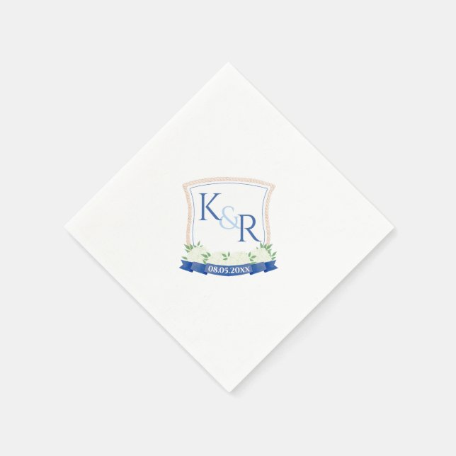 Watercolor Blue And White Coastal Wedding Crest Napkin (Corner)