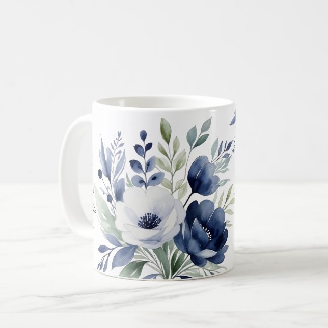 Watercolor Blue and White Floral Bouquet  Coffee Mug (Front Left)