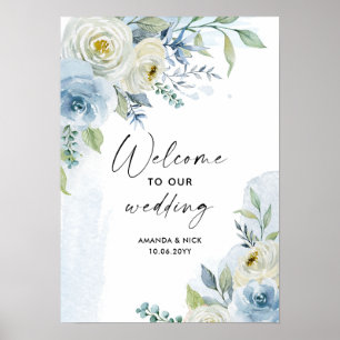 Watercolor Blue and White Floral Wedding Welcome Poster
