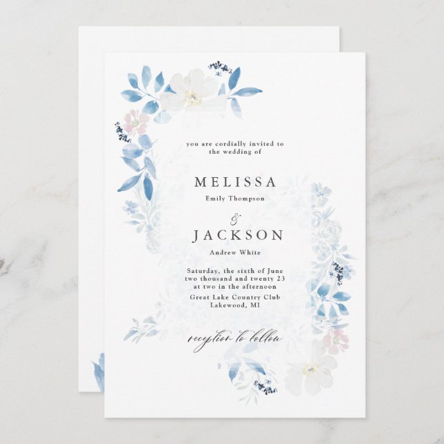 Watercolor Blue and White Flowers Invitation (Front/Back)