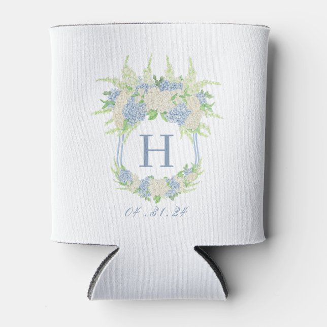 Watercolor Blue and White Hydrangea Crest Can Cooler (Front)