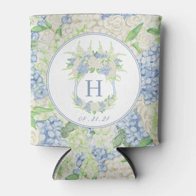 Watercolor Blue and White Hydrangea Crest Can Cooler (Front)